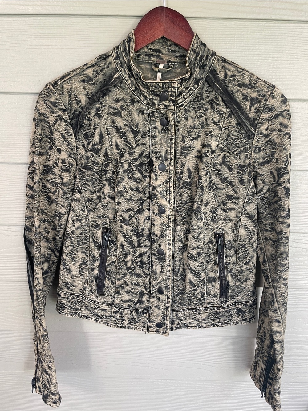 Free People Black and Cream Distressed Moto-Style Jean Jacket